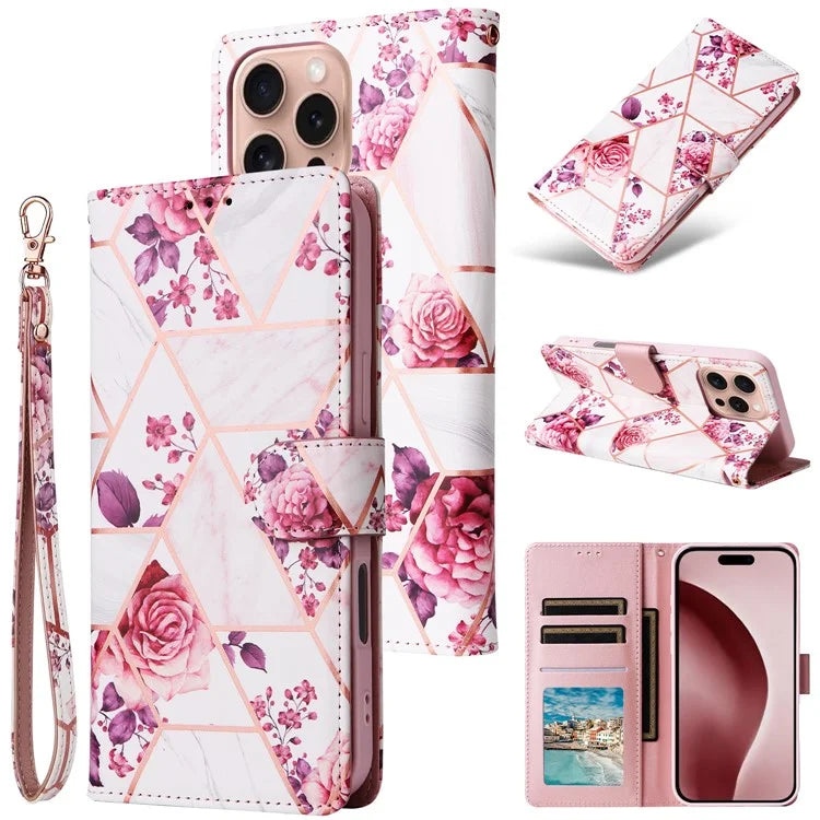 For iPhone 16 Pro Case Lacquered Leather Phone Shell Marble Pattern Design