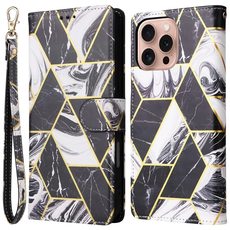 For iPhone 16 Pro Case Lacquered Leather Phone Shell Marble Pattern Design