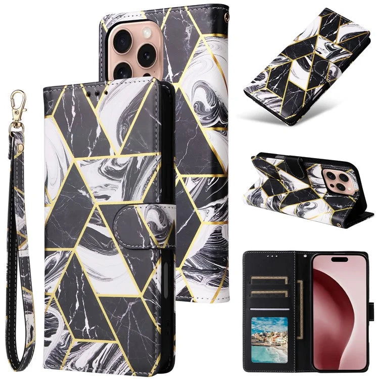 For iPhone 16 Pro Case Lacquered Leather Phone Shell Marble Pattern Design