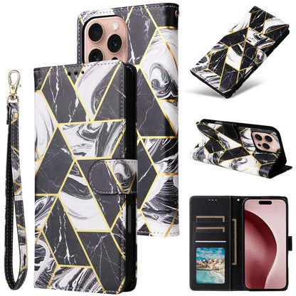 For iPhone 16 Pro Case Lacquered Leather Phone Shell Marble Pattern Design