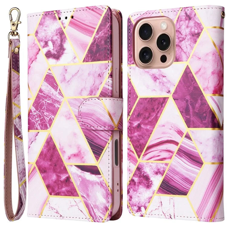 For iPhone 16 Pro Case Lacquered Leather Phone Shell Marble Pattern Design