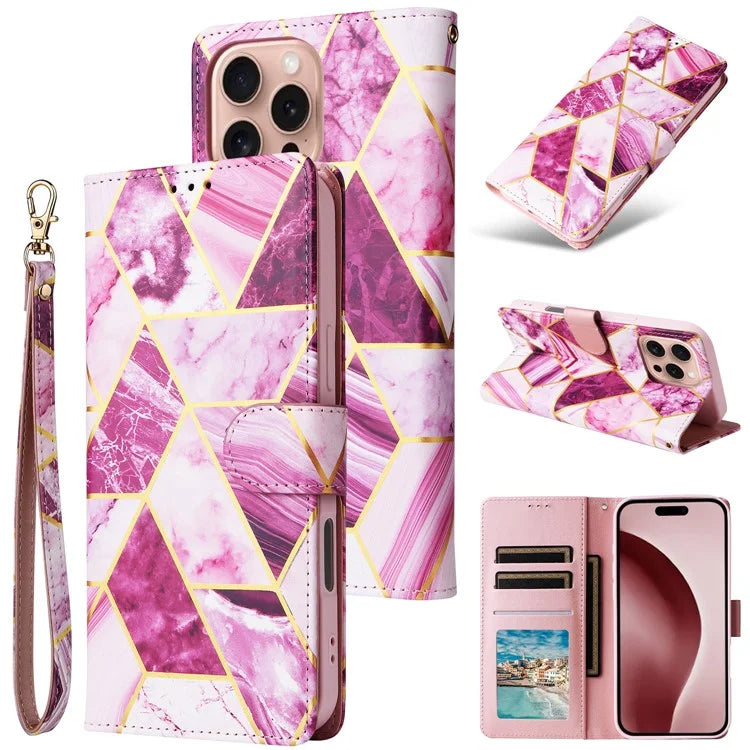 For iPhone 16 Pro Case Lacquered Leather Phone Shell Marble Pattern Design