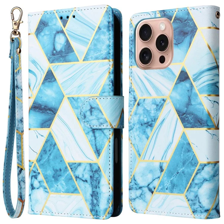 For iPhone 16 Pro Case Lacquered Leather Phone Shell Marble Pattern Design