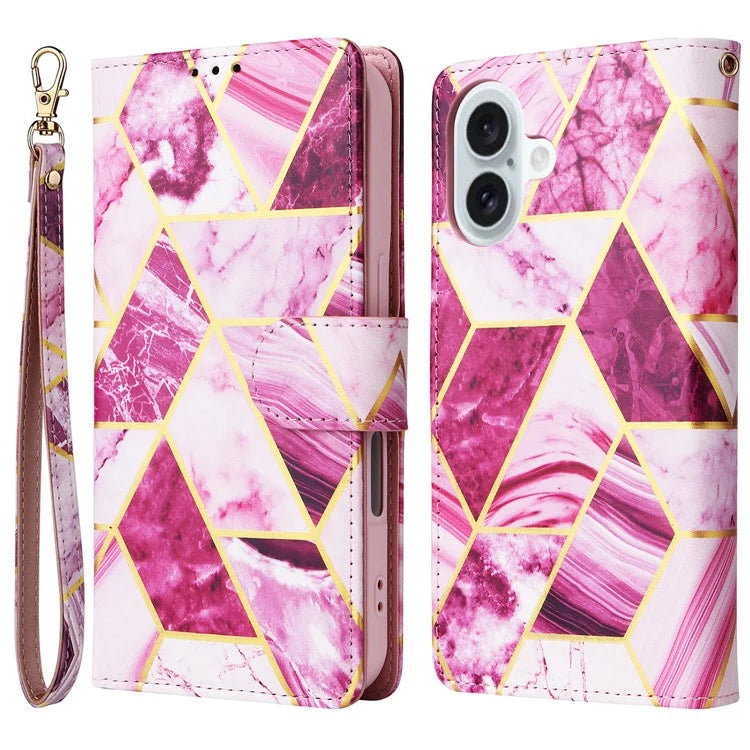 For iPhone 16 Plus Case Marble Leather Phone Cover Slots Holder Carrying Pouch