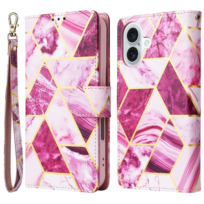 For iPhone 16 Plus Case Marble Leather Phone Cover Slots Holder Carrying Pouch