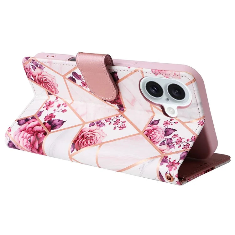 For iPhone 16 Plus Case Marble Leather Phone Cover Slots Holder Carrying Pouch