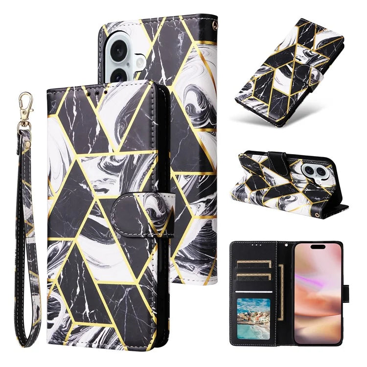 For iPhone 16 Plus Case Marble Leather Phone Cover Slots Holder Carrying Pouch