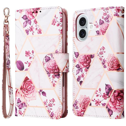 For iPhone 16 Plus Case Marble Leather Phone Cover Slots Holder Carrying Pouch