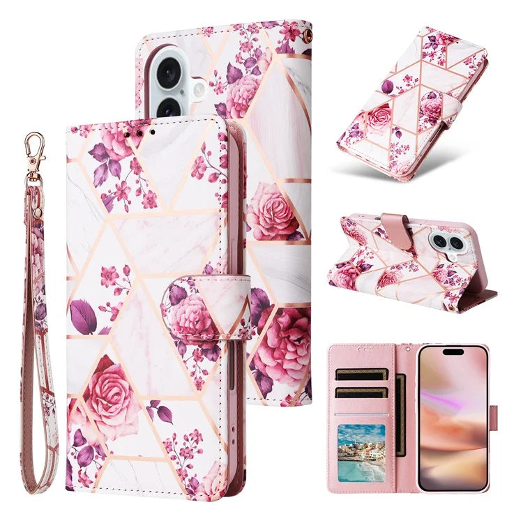 For iPhone 16 Plus Case Marble Leather Phone Cover Slots Holder Carrying Pouch