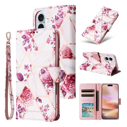 For iPhone 16 Plus Case Marble Leather Phone Cover Slots Holder Carrying Pouch