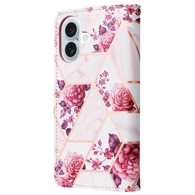 For iPhone 16 Plus Case Marble Leather Phone Cover Slots Holder Carrying Pouch