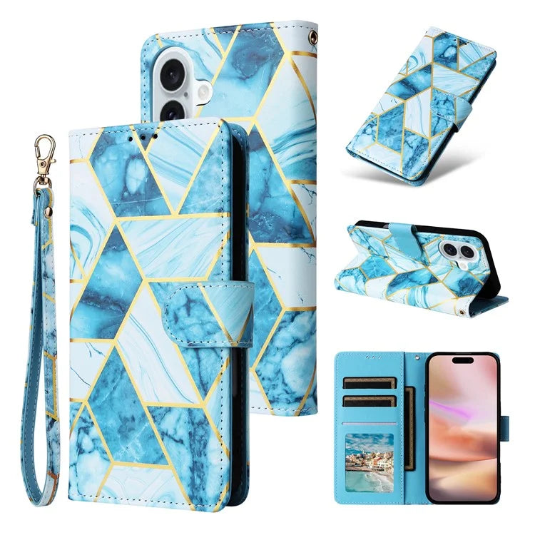 For iPhone 16 Plus Case Marble Leather Phone Cover Slots Holder Carrying Pouch