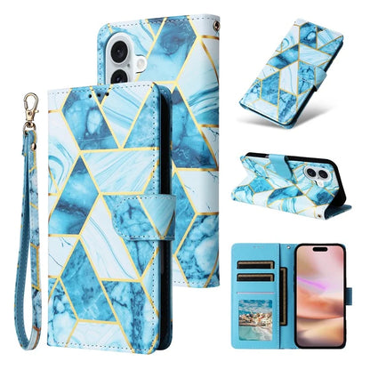 For iPhone 16 Plus Case Marble Leather Phone Cover Slots Holder Carrying Pouch