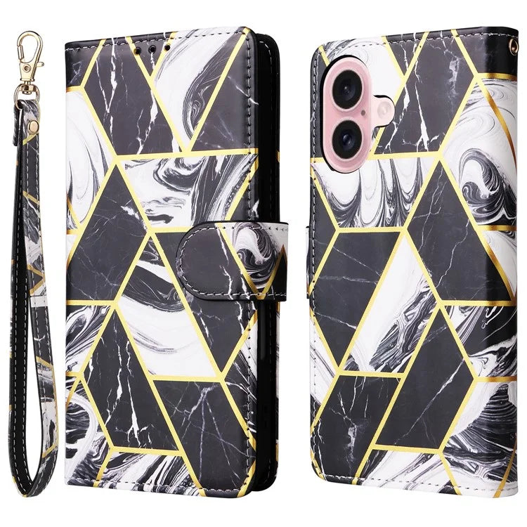 For iPhone 16 Case Marble Pattern Print Leather Wallet Phone Cover