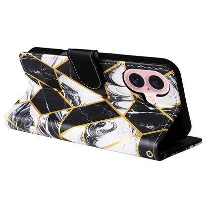 For iPhone 16 Case Marble Pattern Print Leather Wallet Phone Cover