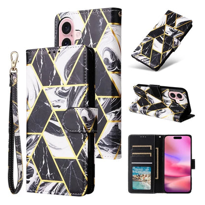 For iPhone 16 Case Marble Pattern Print Leather Wallet Phone Cover