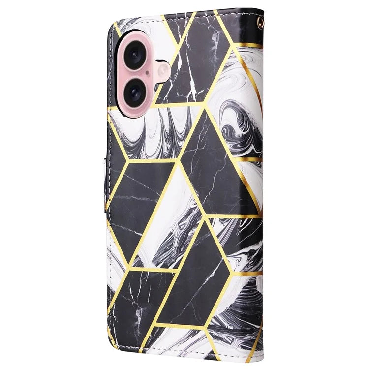For iPhone 16 Case Marble Pattern Print Leather Wallet Phone Cover