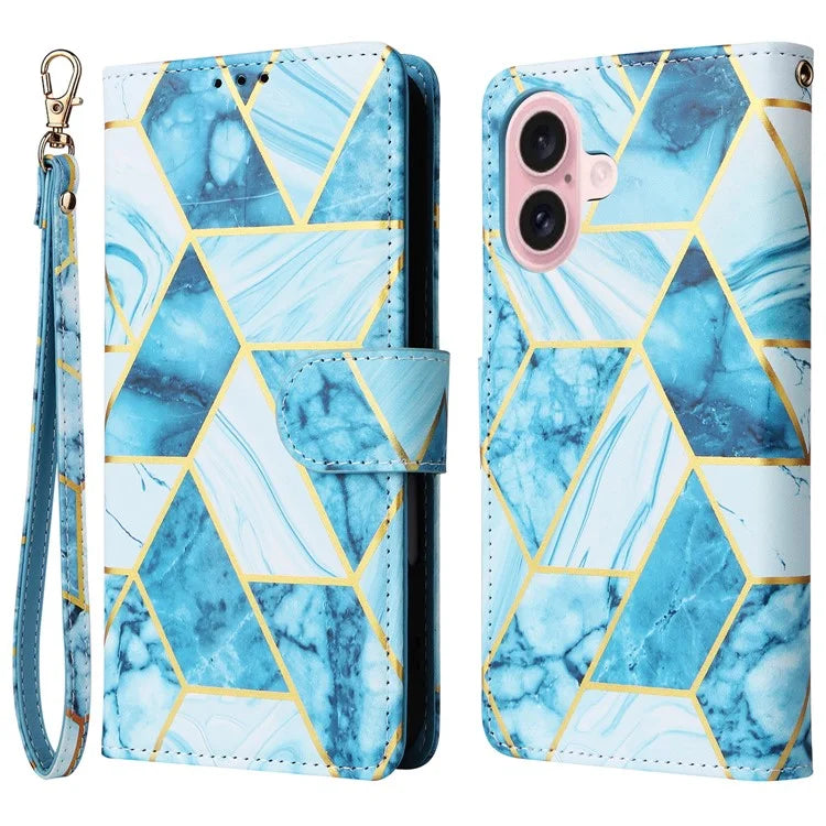 For iPhone 16 Case Marble Pattern Print Leather Wallet Phone Cover