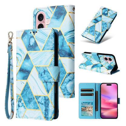 For iPhone 16 Case Marble Pattern Print Leather Wallet Phone Cover