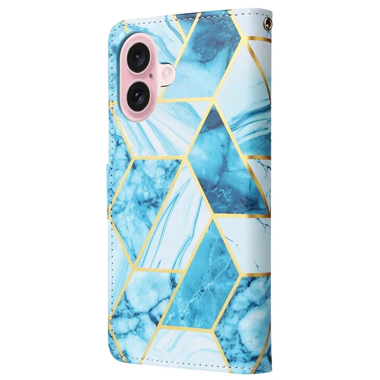 For iPhone 16 Case Marble Pattern Print Leather Wallet Phone Cover