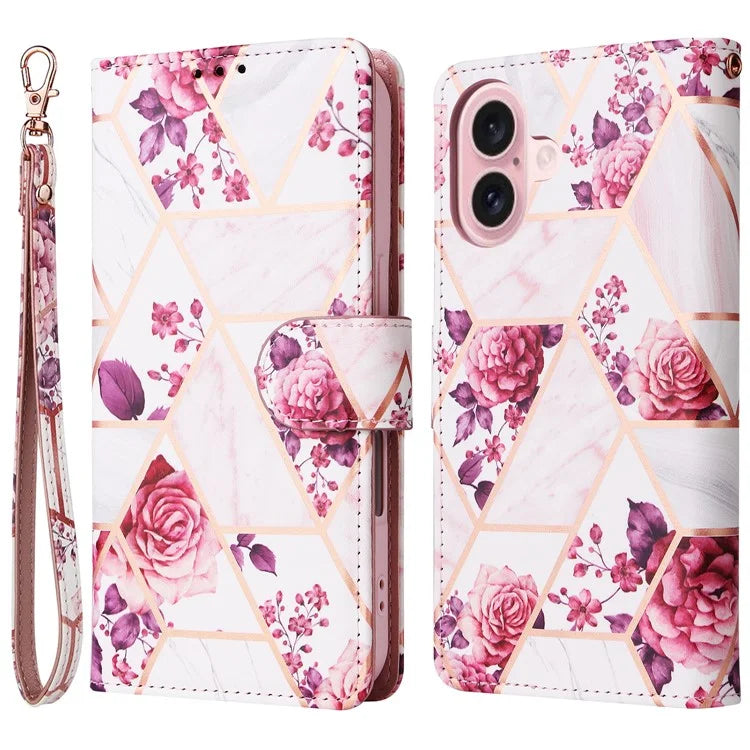 For iPhone 16 Case Marble Pattern Print Leather Wallet Phone Cover