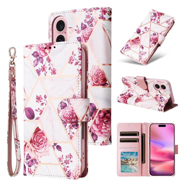 For iPhone 16 Case Marble Pattern Print Leather Wallet Phone Cover