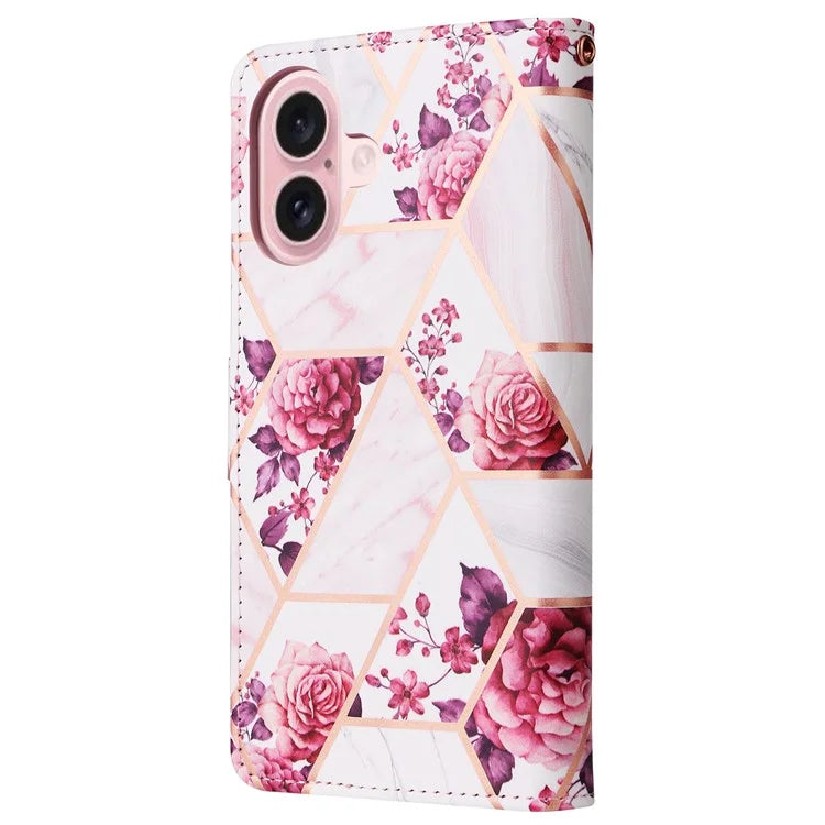 For iPhone 16 Case Marble Pattern Print Leather Wallet Phone Cover
