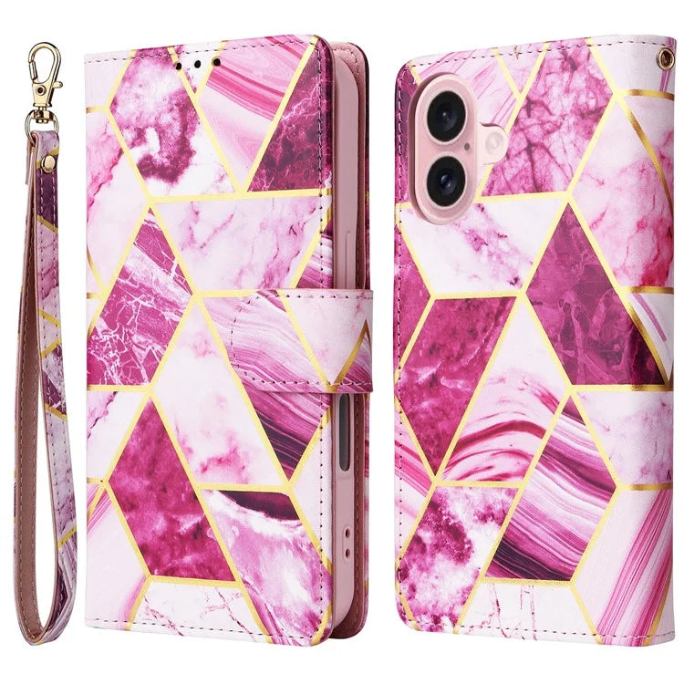 For iPhone 16 Case Marble Pattern Print Leather Wallet Phone Cover