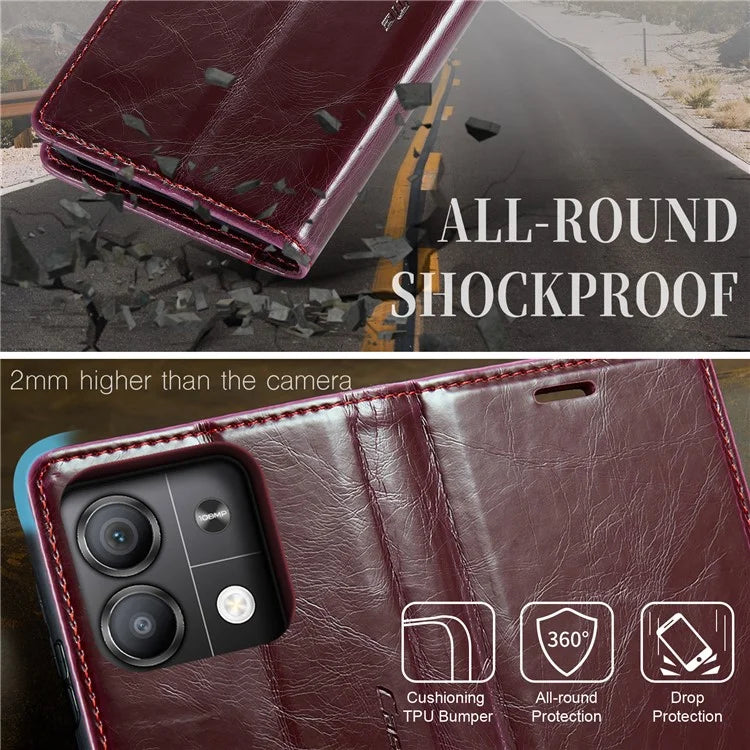 CASEME 003 Series For Xiaomi Redmi Note 13 5G Case Waxy Leather Phone Cover Crazy Horse Texture