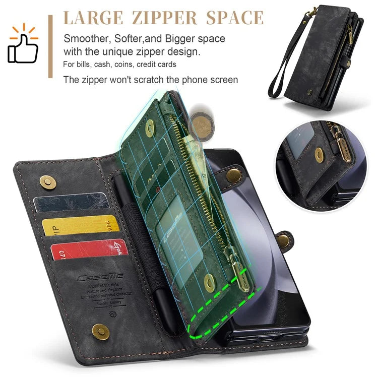 CASEME 008 Series for Samsung Galaxy Z Fold5 5G Case Stand Zipper Wallet Leather Phone Cover