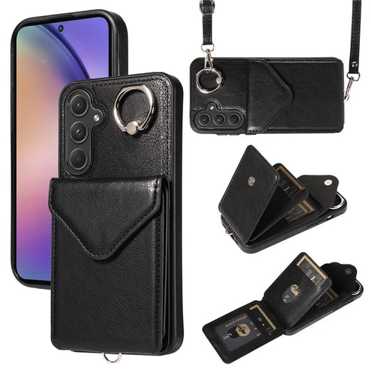 005 For Samsung Galaxy A35 5G Case with Card Holder PU Leather Back Cover Ring Kickstand