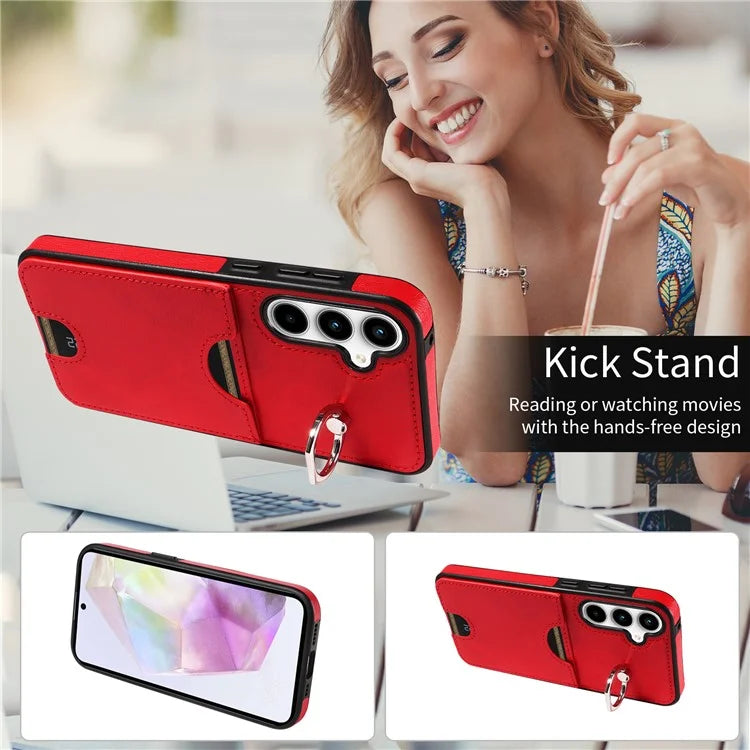006 For Samsung Galaxy A35 5G Case Anti-Drop PU + TPU Phone Cover Card Slot Ring Kickstand