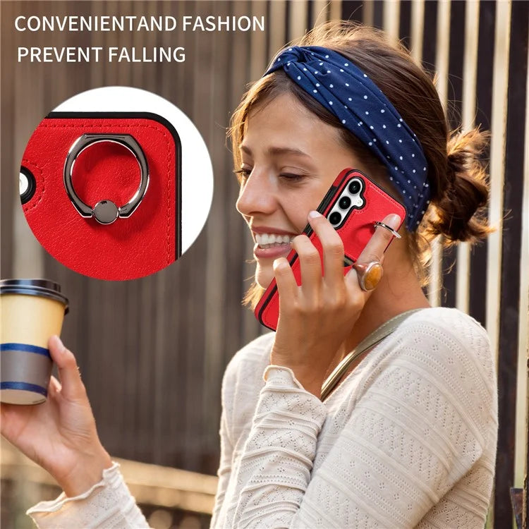 006 For Samsung Galaxy A35 5G Case Anti-Drop PU + TPU Phone Cover Card Slot Ring Kickstand