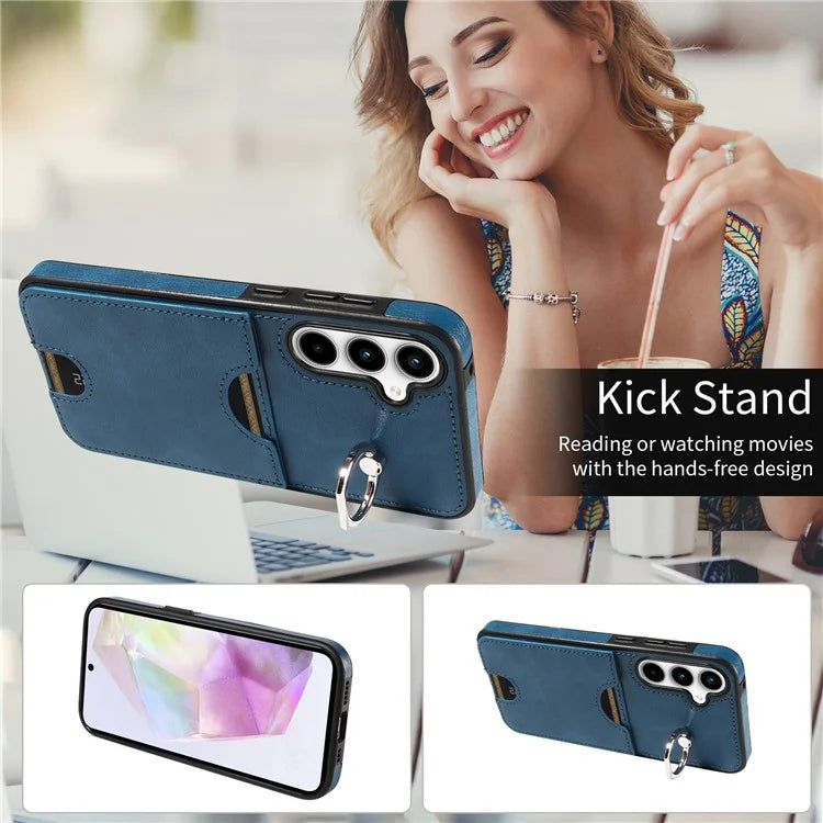006 For Samsung Galaxy A35 5G Case Anti-Drop PU + TPU Phone Cover Card Slot Ring Kickstand