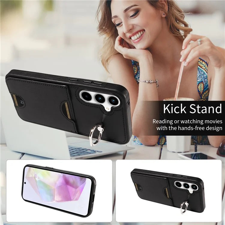 006 For Samsung Galaxy A35 5G Case Anti-Drop PU + TPU Phone Cover Card Slot Ring Kickstand