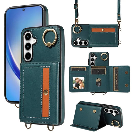 007 For Samsung Galaxy A35 5G Case Card Slots Leather+TPU Phone Cover with Ring Kickstand