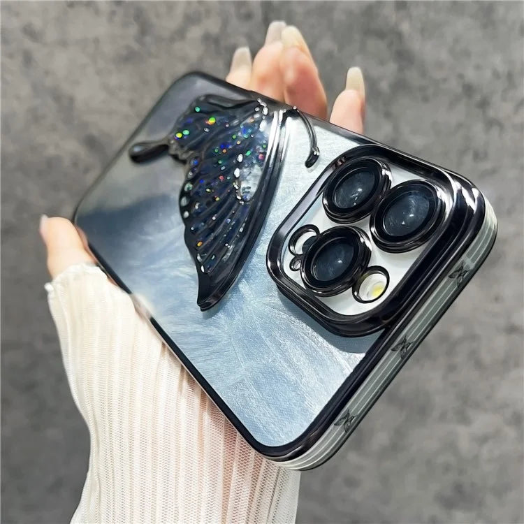 For iPhone 15 Pro Max Case Feather Yarn Design Quicksand Butterfly TPU Phone Protective Cover with Lens Film