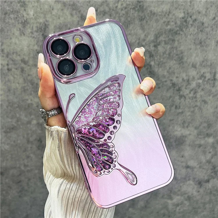 For iPhone 15 Pro Max Case Feather Yarn Design Quicksand Butterfly TPU Phone Protective Cover with Lens Film