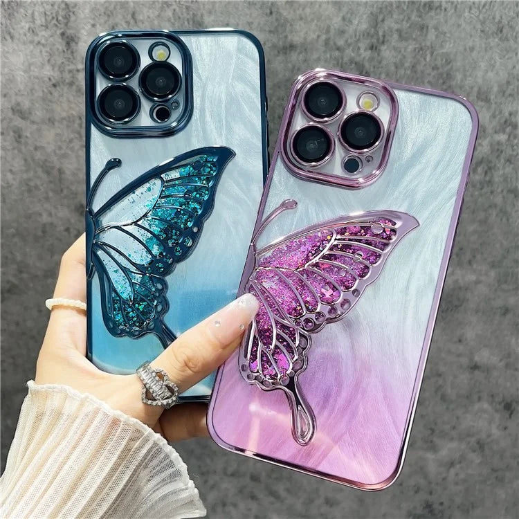 For iPhone 15 Pro Max Case Feather Yarn Design Quicksand Butterfly TPU Phone Protective Cover with Lens Film