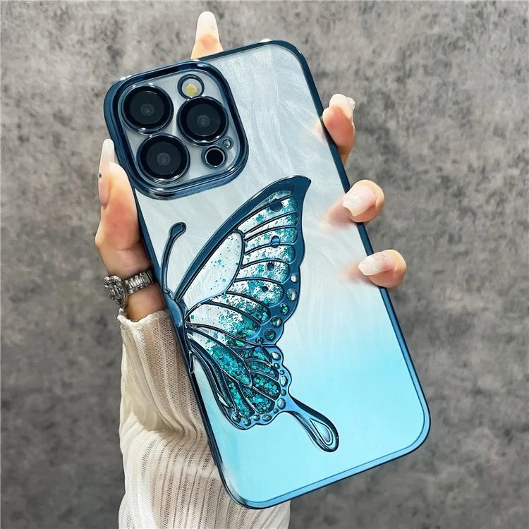 For iPhone 15 Pro Max Case Feather Yarn Design Quicksand Butterfly TPU Phone Protective Cover with Lens Film