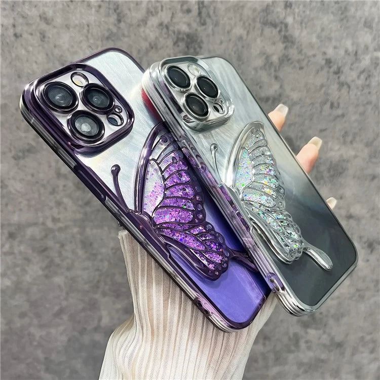 For iPhone 15 Pro Max Case Feather Yarn Design Quicksand Butterfly TPU Phone Protective Cover with Lens Film