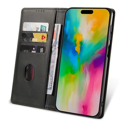 For iPhone 16 Pro Case Leather Phone Cover Strong Magnetic Card Holder