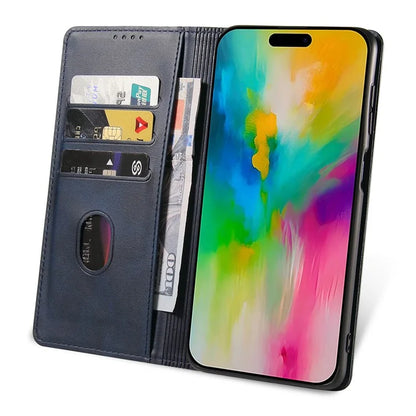 For iPhone 16 Pro Case Leather Phone Cover Strong Magnetic Card Holder
