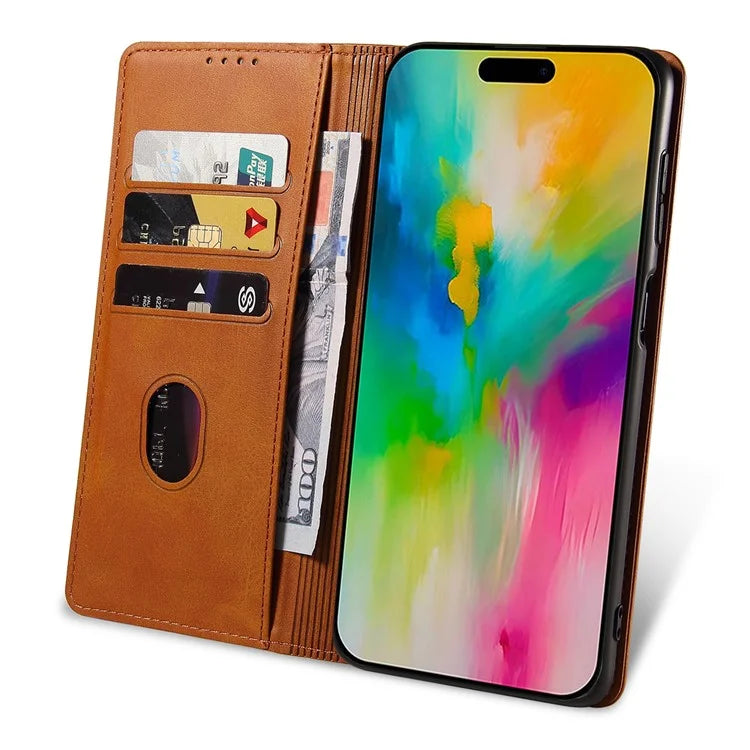 For iPhone 16 Pro Case Leather Phone Cover Strong Magnetic Card Holder