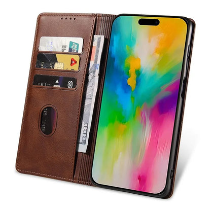For iPhone 16 Pro Case Leather Phone Cover Strong Magnetic Card Holder