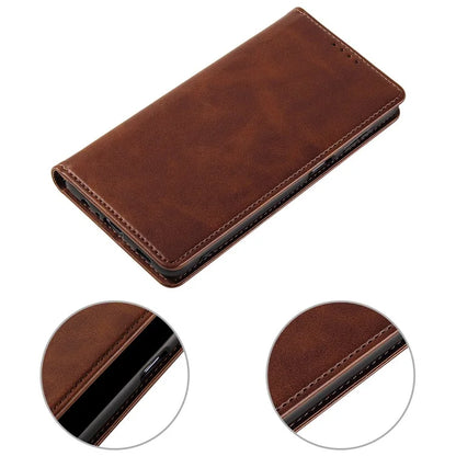 For iPhone 16 Pro Case Leather Phone Cover Strong Magnetic Card Holder
