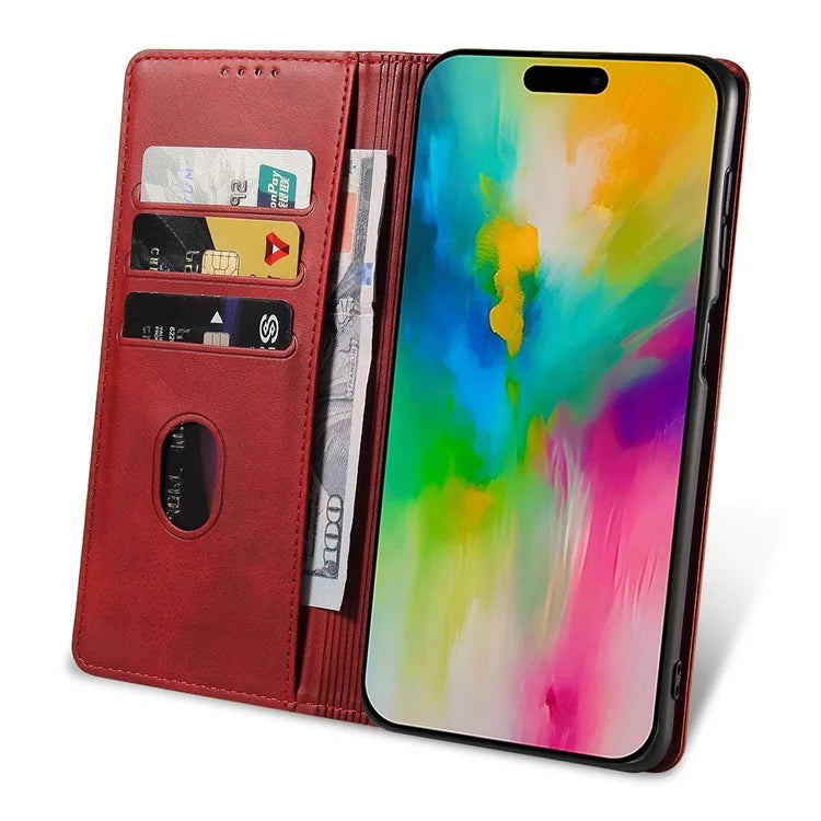 For iPhone 16 Pro Case Leather Phone Cover Strong Magnetic Card Holder