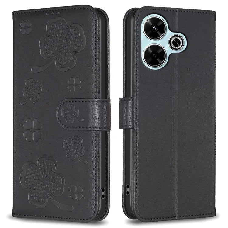 For Xiaomi Redmi 13 4G / Poco M6 4G Case Wallet Leather Phone Cover Lucky Clover Imprinting