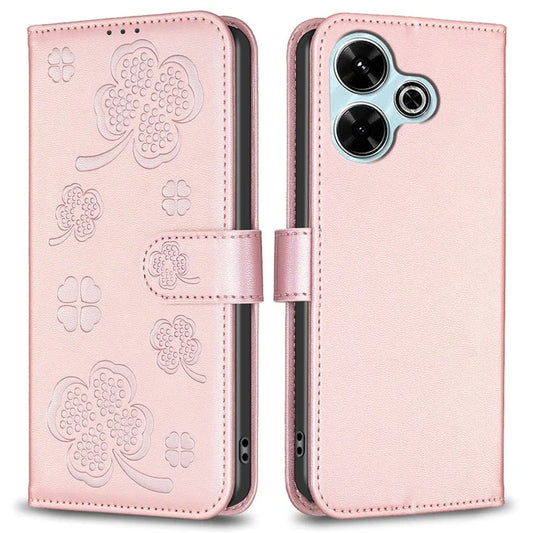 For Xiaomi Redmi 13 4G / Poco M6 4G Case Wallet Leather Phone Cover Lucky Clover Imprinting Gold