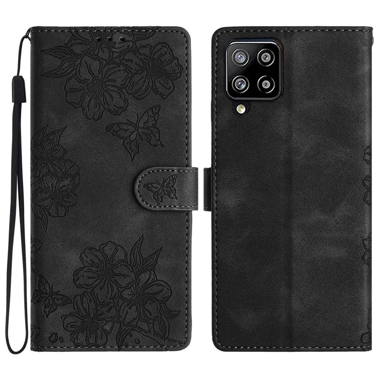 For Samsung Galaxy A22 4G (EU Version) Case Sakura Butterfly Imprint Leather Wallet Phone Cover